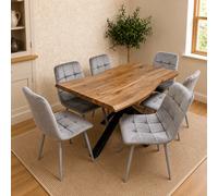 Kosy Koala 6 Seater Rustic Brown Wooden Effect Dining Table With Grey Tufted Velvet Chairs
