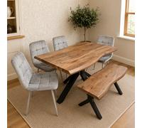 Kosy Koala 6 Seater Rustic Brown Wooden Effect Dining Table With Grey Velvet Chairs & Bench