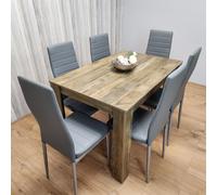 KOSY KOALA A Stunning wooden brown rustic effect Dining Table set included set of 4 leather padded grey metal chairs w/ slightly curved back design KOSY KOALA Brown