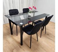 Kosy Koala Black Clear Glass Dining Table With 4 Black Tufted Velvet Chairs Kitchen Dining Set