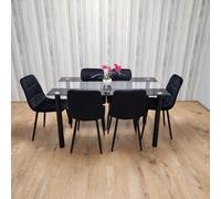 KOSY KOALA Black Clear Glass Dining Table With 6 Black Tufted Velvet Chairs Kitchen Dining Set | Size: 140cm x 80cm