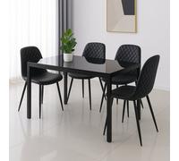 Kosy Koala Black Glass Dining Table Set With 4 Black Faux Leather Gem Pattern Chairs Dining Room Furniture