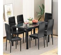 Kosy Koala Black Glass Dining Table Set With 6 Black Faux Leather Chairs Kitchen Dining Room Furniture