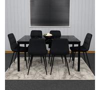 Kosy Koala Black Glass Marble Effect Dining Table Set With 6 Black Velvet Chairs