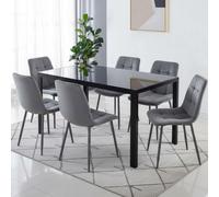 Kosy Koala Black Glass Rectangle Dining Table Set With 6 Grey Velvet Chairs Modern Dining Room Furniture