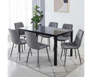 Kosy Koala Black Glass Rectangle Dining Table Set With 6 Grey Velvet Chairs Modern Dining Room Furniture