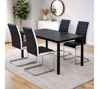 Kosy Koala Black Marble Effect Dining Table With 4 Black Faux Leather Chairs Kitchen Furniture
