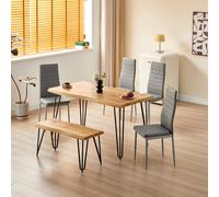 Kosy Koala Brown Wooden Dining Table Hairpin Legs With 4 Grey Leather Chairs And Bench - Dining Kitchen Room Furniture Brown One Size