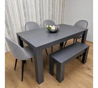 Kosy Koala Dark Grey Arrow Pattern Dining Table Set With 4 Grey Velvet Chairs & Bench, 140X80X75Cm