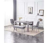KOSY KOALA Dining Table & 2 Chairs With 2 Benches Grey 2 Grey Velvet Chairs Wood Table Dining Set Furniture KOSY KOALA Grey