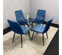KOSY KOALA Dining Table & 4 Chairs Round Glass Table 4 Blue Velvet Chairs Dining Set in Clear KOSY KOALA Clear
