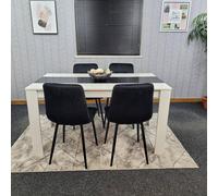 KOSY KOALA Dining Table & 4 Chairs Set White Black Table With 4 Black Velvet Chairs Dining Room Furniture | Size: 140cm x 80cm