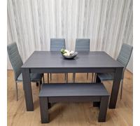 KOSY KOALA Dining Table & 4 Chairs With Bench Black Dark Grey 4 Grey Leather Chairs Wood Dining Set Furniture KOSY KOALA Dark Grey