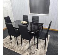 KOSY KOALA Dining Table & 6 Chairs Black Marble Effect Glass 6 Leather Black Chairs Dining Room Furniture in Clear KOSY KOALA Clear