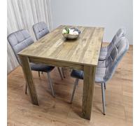Kosy Koala Dining Table And 4 Chairs Set - Rustic Effect Wood Table With 4 Grey Velvet Chairs Dining Set