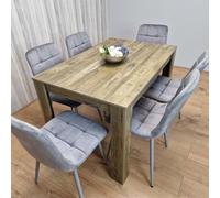 Kosy Koala Dining Table And 6 Chairs - Rustic Effect Dining Table With 6 Grey Velvet Chairs Dining Furniture