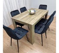 Kosy Koala Dining Table And 6 Chairs - Rustic Effect Wood Table With 6 Black Velvet Chairs Dining Room Furniture