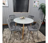 Kosy Koala Dining Table Set Of 4 Round White Dining Table And 4 Grey Velvet Tufted Chairs For Kitchen Dining Room