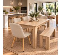 Kosy Koala Dining Table Set With 4 Beige Velvet Chairs & Bench, Rectangular Light Wood-Effect, 140Cm