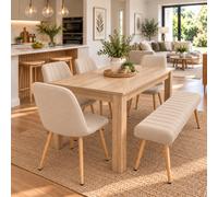 Kosy Koala Dining Table Set With 4 Beige Velvet Chairs & Bench, Rectangular Light Wood-Effect, 140Cm