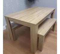 Kosy Koala Dining Table With 2 Bench, Dining Table Room Set, Wooden Oak Effect 140X80X75Cm Table, 2 Oak Benches Furniture