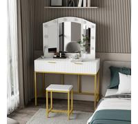 Kosy Koala Dressing Table Set With Bulb Lights 3-Way Mirror, Drawers And Stool - White And Gold - Hollywood Style