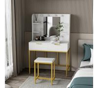 Kosy Koala Dressing Table Set With Bulb Lights Mirror, Side Shelves And Stool - White And Gold - Hollywood Style