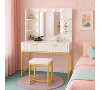KOSY KOALA Dressing Table Set with Bulb Lights Mirror, Side Shelves & Stool - White & Gold - Hollywood Style