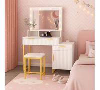 Kosy Koala Dressing Table Set With Bulb Lights Mirror, Storage Cabinet And Stool - White And Gold - Hollywood Style White