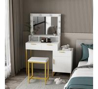 Kosy Koala Dressing Table Set With Bulb Lights Mirror, Storage Cabinet And Stool - White And Gold - Hollywood Style