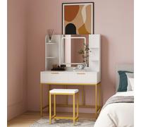 Kosy Koala Dressing Table Set With Led Mirror, Side Shelves And Stool - White And Gold For Bedroom