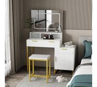 Kosy Koala Dressing Table Set With Led Mirror, Storage Cabinet And Stool, White And Gold For Bedroom