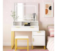 Kosy Koala Dressing Table Set With Led Mirror, Storage Cabinet And Stool - White And Gold For Bedroom White
