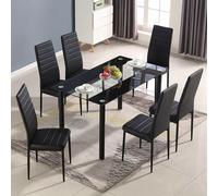 KOSY KOALA Glass Dining Table with 6 Leather Padded Chairs Kitchen dining set in Black KOSY KOALA Black