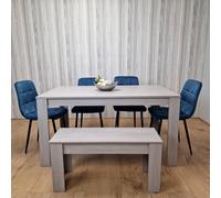 KOSY KOALA Grey Dining Table & 4 Blue Velvet Tufted Chairs with 1 Bench | Size: 140cm x 80cm