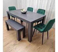 Kosy Koala Grey Dining Table And 4 Green Velvet Tufted Chairs With 1 Bench