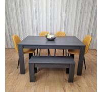 Kosy Koala Grey Dining Table With 4 Diamond Stitched Mustard Chairs And 1 Bench