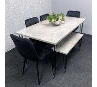 Kosy Koala Grey Dining Table With Hairpin Legs, Bench & 4 Black Velvet Chairs Set Grey 140cm x 80cm