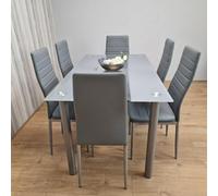 Kosy Koala Grey Glass Dining Table Set With 6 Grey Faux Leather Chairs Modern Dining Furniture