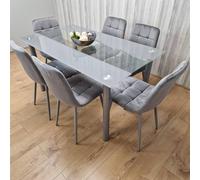 KOSY KOALA Grey Glass Dining Table With 6 Grey Velvet Chair Dining Room Furniture