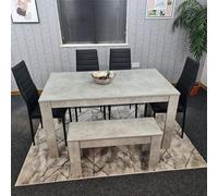 Kosy Koala Grey Wooden Kitchen Dining Table Set For 4 With 4 Black Leather Chairs And Grey Bench