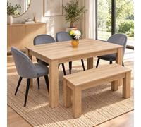 Kosy Koala Light Oak Effect Dining Table Set With 4 Grey Velvet Chairs & Bench, 140X80X75Cm