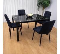 Kosy Koala Modern Black Glass Marble Effect Dining Table Set With 4 Black Velvet Chairs Dining Room Furniture In Brown Brown