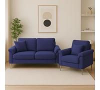 Kosy Koala Modern Blue Sofa 2 1 Seater Set Fabric With Chrome Feet - Comfortable Couch With Cushion For Living Room, Bedroom Or Office