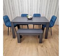 Kosy Koala Modern Dark Grey Dining Table Set With 4 Blue Velvet Chairs And 1 Bench
