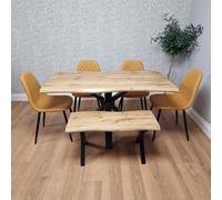 Kosy Koala Modern Dining Table With 4 Mustard Gem Pattern Faux Leather Chairs And 1 Bench
