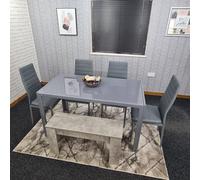 Kosy Koala Modern Grey Glass Dining Table Set With 4 Grey Chairs And Grey Bench Dining Room Furniture