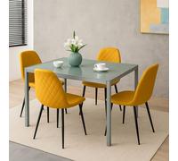 Kosy Koala Modern Grey Glass Dining Table Set With 4 Mustard Faux Leather Chairs Mustard