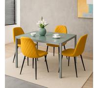 Kosy Koala Modern Grey Glass Dining Table Set With 4 Mustard Gem Pattern Chairs Dining Room Furniture