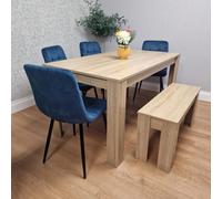 Kosy Koala Modern Oak Effect Dining Table Set With 4 Blue Velvet Chairs And Bench Dining Room Furniture
